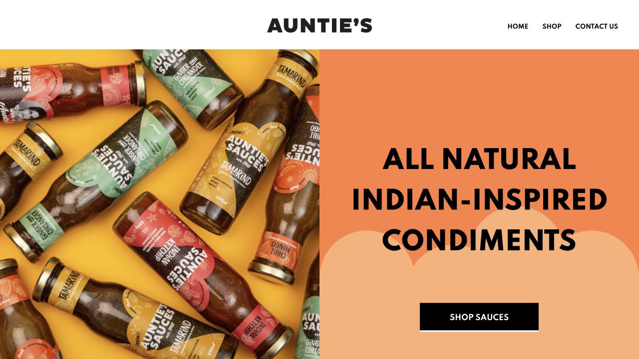 Eat With Auntie’s online shop, showing its colourful sauce range and shop link.