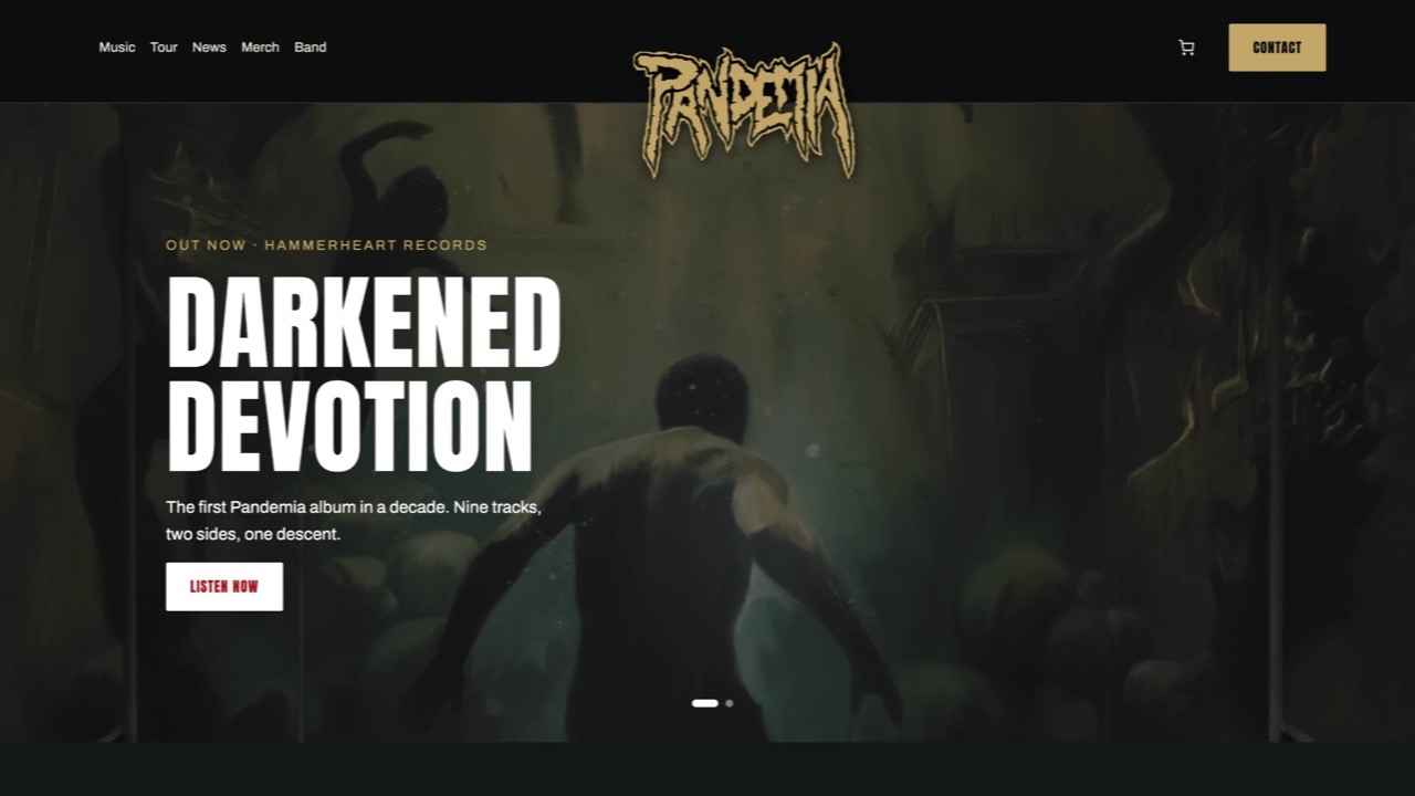 Pandemia’s new website featuring the Darkened Devotion album, with a Listen now button and links to music, tour, news and merch.